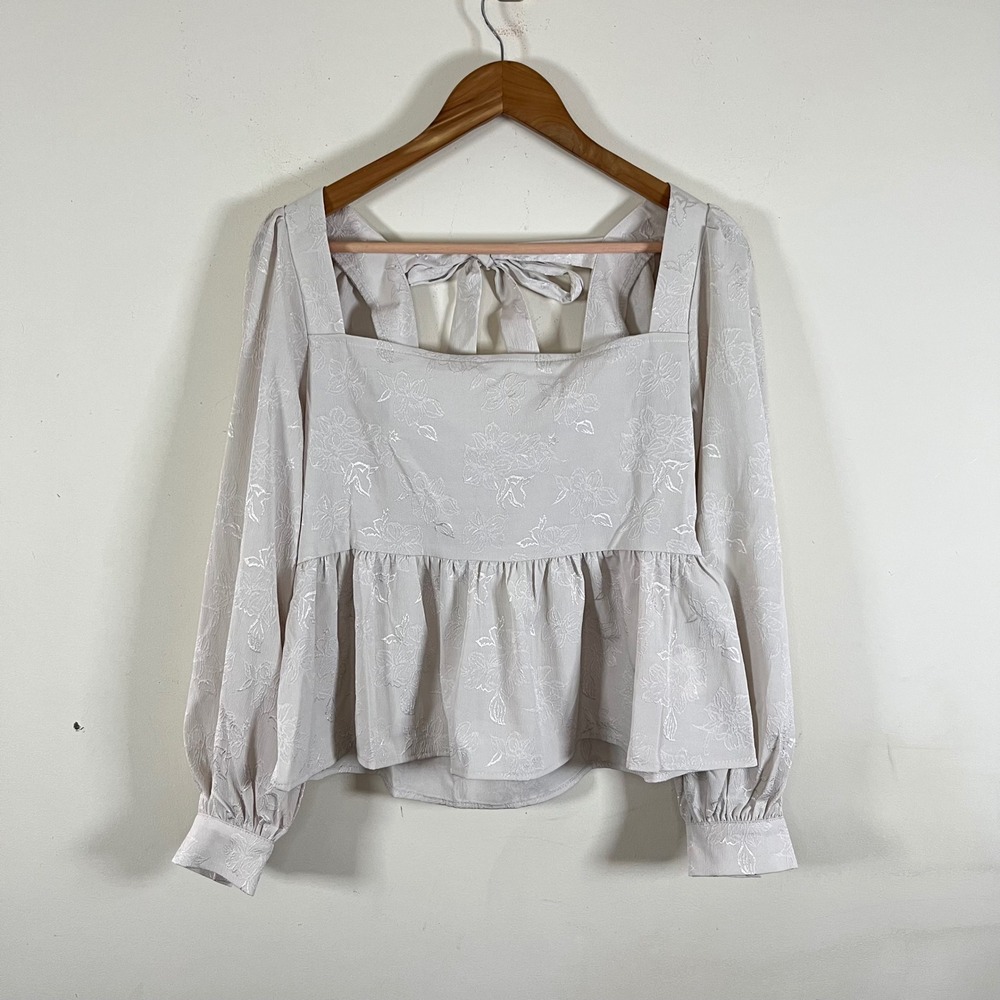 Coco + Jaimeson Floral Peplum Top Beige Tie Back Cuffed Balloon Sleeves